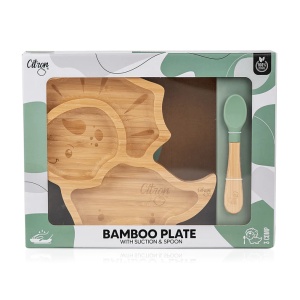 Farfurie din bambus cu 3 compartimente si lingura - Dino Green, Citron - Img 2