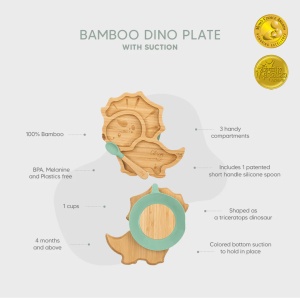 Farfurie din bambus cu 3 compartimente si lingura - Dino Green, Citron - Img 5