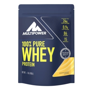Pudra proteica Whey 100% cu aroma de banane si mango, 450g, Multipower
