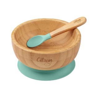 Castron din bambus cu ventuza de silicon + lingura mica - Dusty Green, Citron