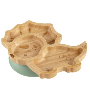 Farfurie din bambus cu 3 compartimente si lingura - Dino Green, Citron - Img 3