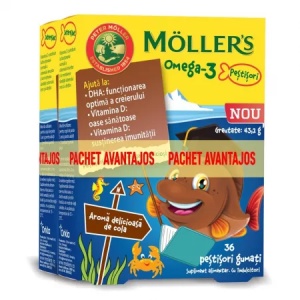 Pachet Pestisori gumati cu Omega-3 si aroma de cola, 36+36 jeleuri, Moller's