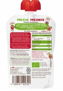 Piure cu mere, piersici, capsuni si struguri rosii bio, 100g, Erdbar - Img 2
