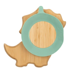Farfurie din bambus cu 3 compartimente si lingura - Dino Green, Citron - Img 4