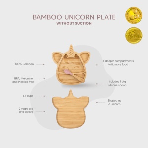 Farfurie din bambus cu 4 compartimente + lingura mare - Unicorn Pink, Citron - Img 2
