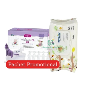 Kit Solutie salina hipertonica 3% cu acid hialuronic + Pulverizator, 20 x 5ml, Nebianax + Servetele umede pentru bebelusi 64 bucati, Novalou