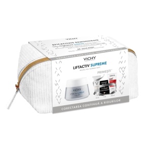 Pachet Crema de fata Liftactiv Supreme, 50ml + Fluid cu SPF 50+ Capital Soleil, 15ml + Fond de ten Dermablend, 25 Nude, 1ml + Sampon Aminexil Dercos, 50ml, Vichy