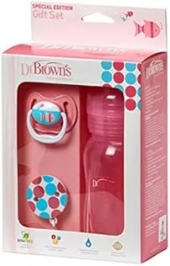 Set biberon standard cu gat larg, 240ml + suzeta + lant de suzeta, roz, Dr. Brown