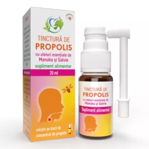 Tinctura de propolis cu uleiuri esentiale de manuka si salvie, 20ml, Justin Pharma