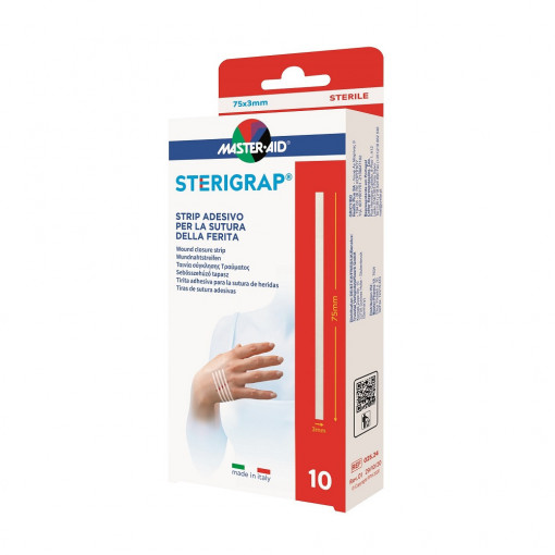 Sterigrap Master-Aid– Plasture steril pentru suturarea rănii, 75x3 mm, 10 benzi