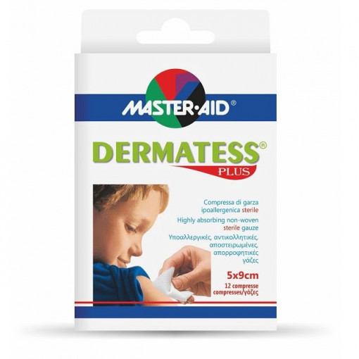Comprese sterile Dermatess Plus, Master-Aid, din material nețesut, 5×9 cm, 12 pliculețe