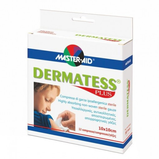 Comprese sterile Dermatess Plus, Master-Aid, din material nețesut, 10x10 cm, 12 pliculețe