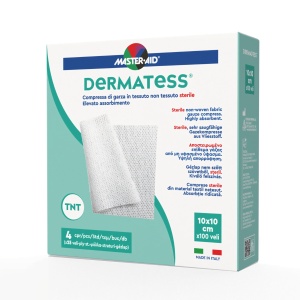 Comprese sterile Dermatess (Master-Aid), material nețesut, 10x10 cm, 100 bucăți (4 plicuri x 25 buc)