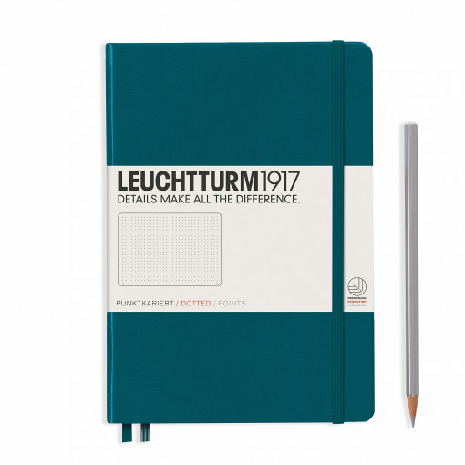 Notebook Medium (A5), Dotted hardcover 251 Numbered Pages, Pacific Green