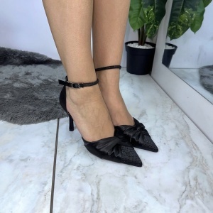 Crna saten sandaleta sa cirkonima napred na srednju štiklu 31089 - Img 2