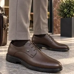 Braon kožne elegantne muške cipele sa kockice napred 5980