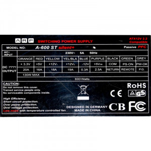 Sursa 600W ARP, A-600 ST SILENT+, 2 x SATA, 5 x Molex, Vent 120mm - Img 4