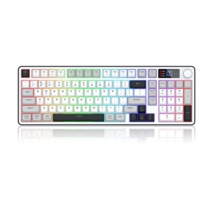 Tastatura gaming Bluetooth cu fir si wireless Redragon Aria Pro alba iluminare RGB cu display