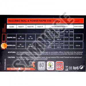 Sursa Modulara 650W Rasurbo, RAPM650, 4 x PCI-Express, 5 x SATA, 3 x Molex, Vent 120mm, PFC Activ, 80+ - Img 6