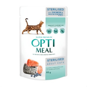 Optimeal Cat Sterilised - Hrana umeda super-premium - Somon si Afine - 85g